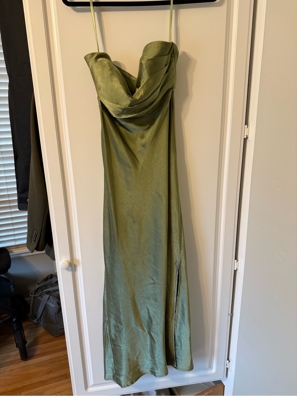 Olive Green Satin V Neck Strapless Dress